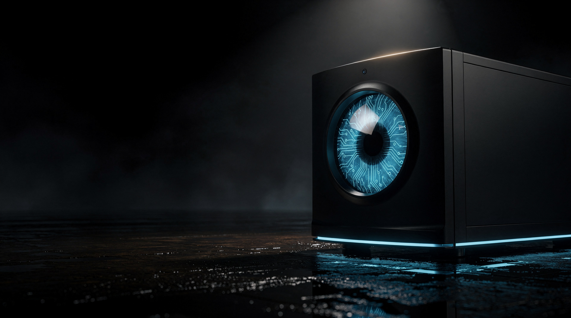 An always-awake sentinel machine with an azure circuit-iris watching over the operation.