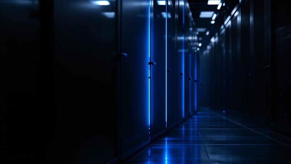 A dark server aisle receding into the distance, lit by a vivid vertical azure seam of light down the rack faces.