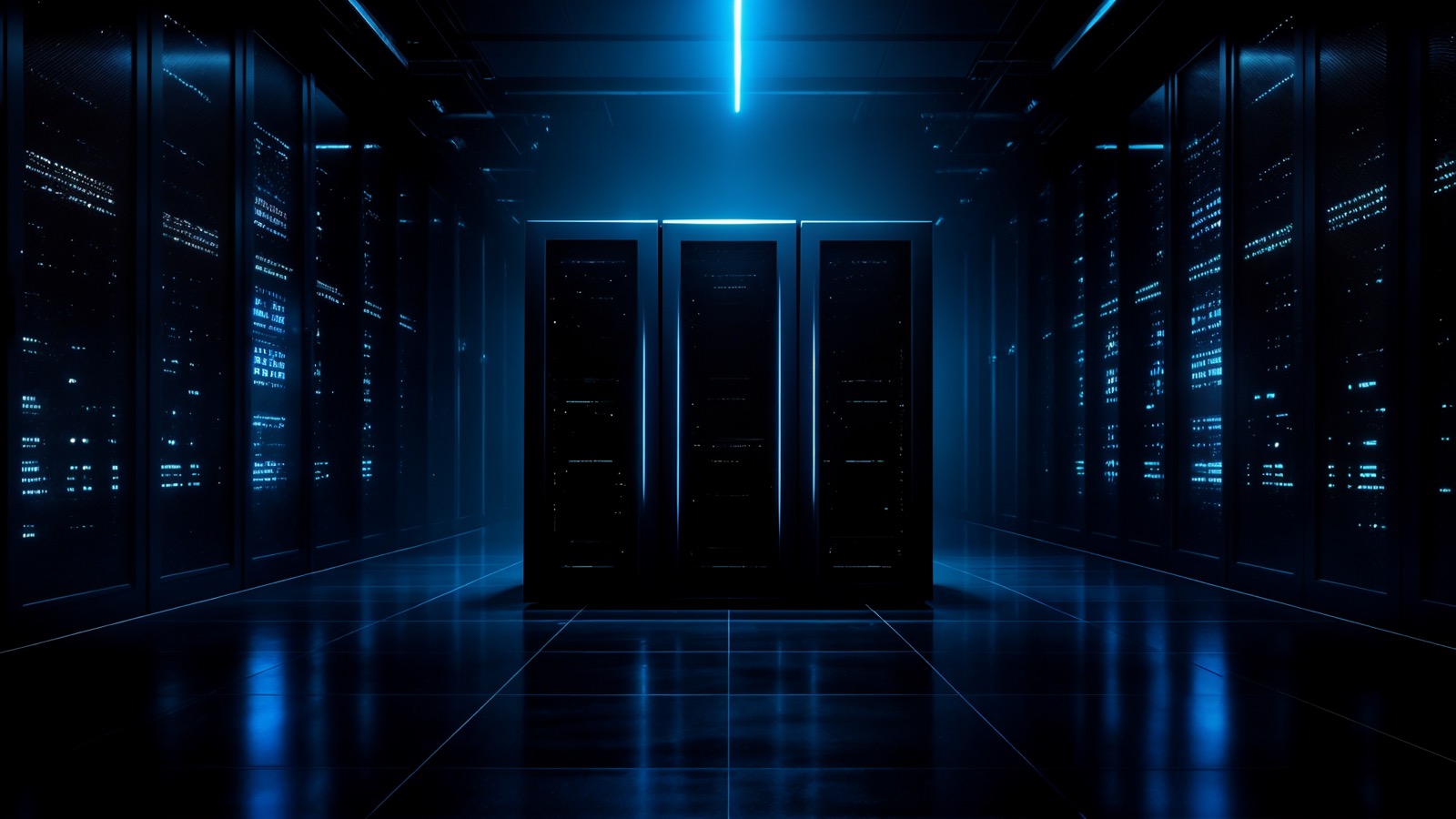 A dark data hall: three black server racks lit by a vertical azure beam, rows of racks receding into shadow.