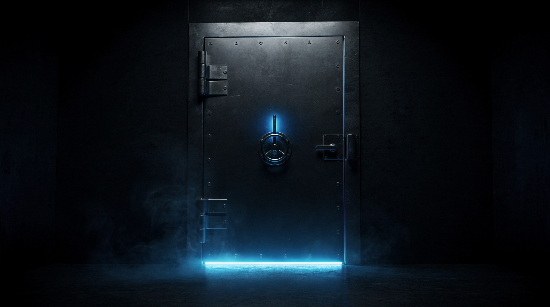 A sealed steel vault with azure light bleeding from the seams — air-gapped, contained intelligence.